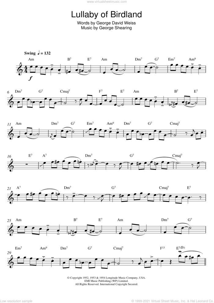 Lullaby Of Birdland sheet music for alto saxophone solo by Ella Fitzgerald, George David Weiss and George Shearing, intermediate skill level