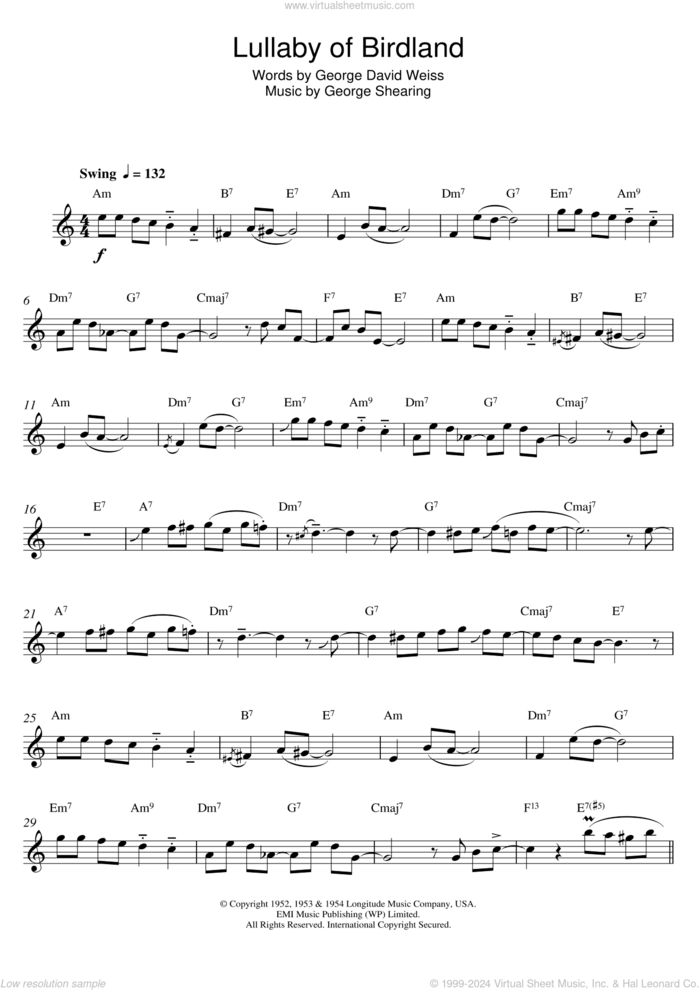 Lullaby Of Birdland sheet music for alto saxophone solo by Ella Fitzgerald, George David Weiss and George Shearing, intermediate skill level