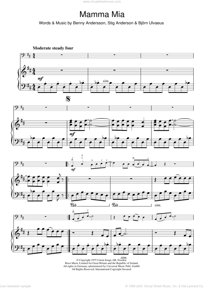 Mamma Mia sheet music for cello solo by ABBA, Benny Andersson, Bjorn Ulvaeus and Stig Anderson, intermediate skill level
