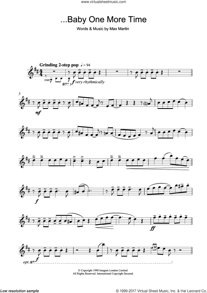 ...Baby One More Time sheet music for alto saxophone solo by Britney Spears and Max Martin, intermediate skill level