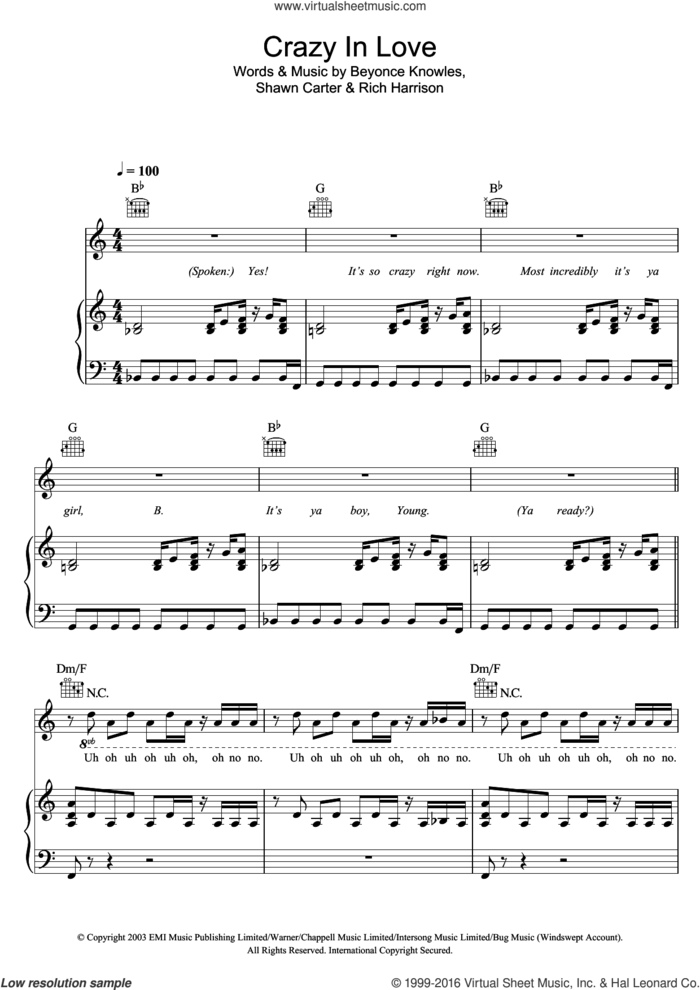 Crazy In Love sheet music for voice, piano or guitar by Beyonce, Rich Harrison and Shawn Carter, intermediate skill level