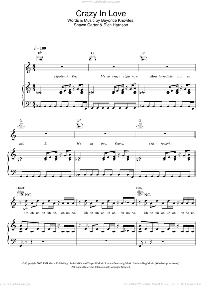 Crazy In Love sheet music for voice, piano or guitar by Beyonce, Rich Harrison and Shawn Carter, intermediate skill level