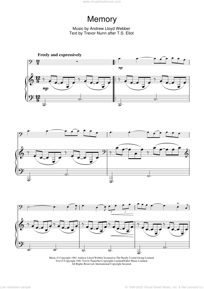 Memory (Verse only) (from Cats) sheet music for cello solo by Andrew Lloyd Webber and Trevor Nunn, intermediate skill level