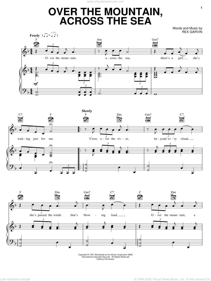 Over The Mountain, Across The Sea sheet music for voice, piano or guitar by Johnnie & Joe and Rex Garvin, intermediate skill level