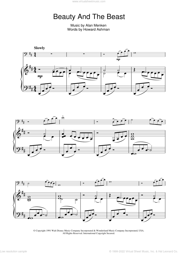 Beauty And The Beast sheet music for cello solo by Alan Menken, Alan Menken & Howard Ashman and Howard Ashman, intermediate skill level