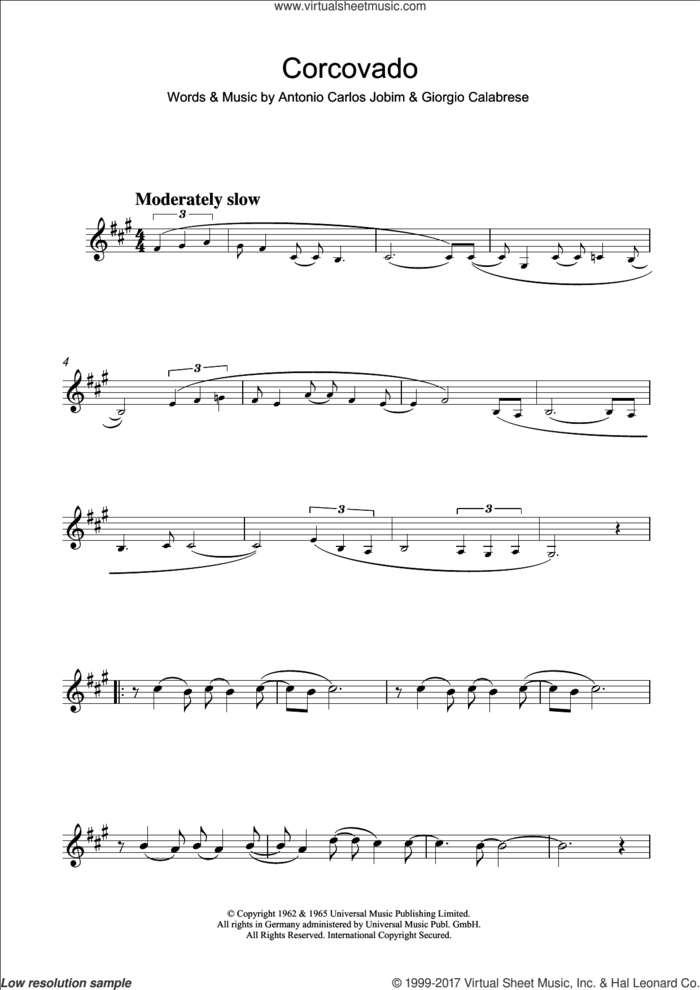 Corcovado (Quiet Nights Of Quiet Stars) sheet music for alto saxophone solo by Antonio Carlos Jobim and Giorgio Calabrese, intermediate skill level
