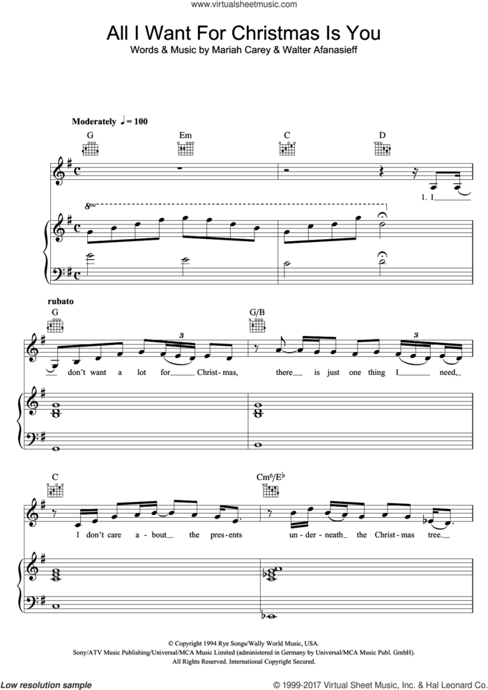 All I Want For Christmas Is You sheet music for voice, piano or guitar by Mariah Carey and Walter Afanasieff, intermediate skill level