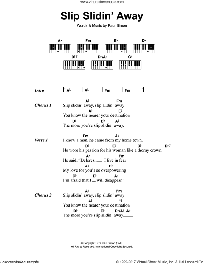 Slip Slidin' Away sheet music for piano solo (chords, lyrics, melody) by Paul Simon, intermediate piano (chords, lyrics, melody)