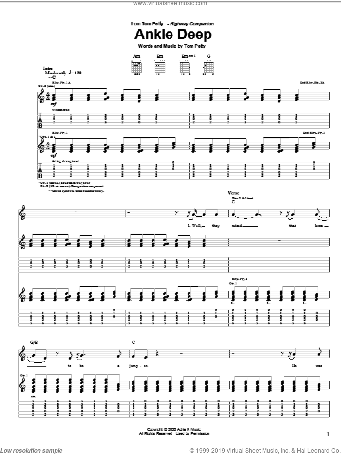 Ankle Deep sheet music for guitar (tablature) by Tom Petty, intermediate skill level