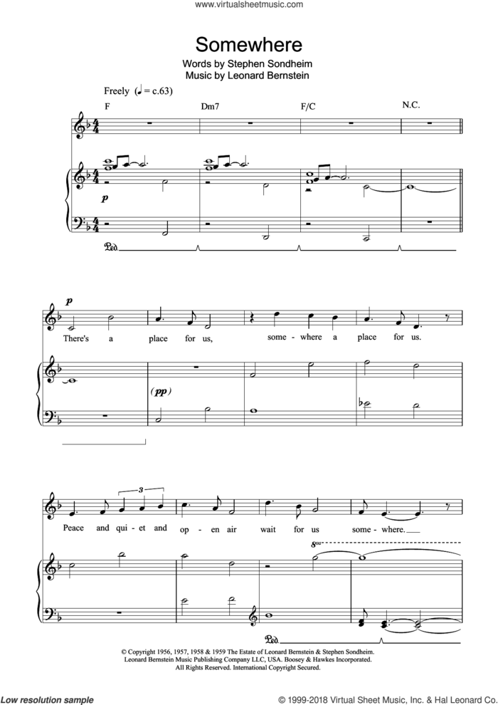 Somewhere (from West Side Story) sheet music for voice, piano or guitar by Charlotte Church, Pet Shop Boys, Leonard Bernstein and Stephen Sondheim, intermediate skill level