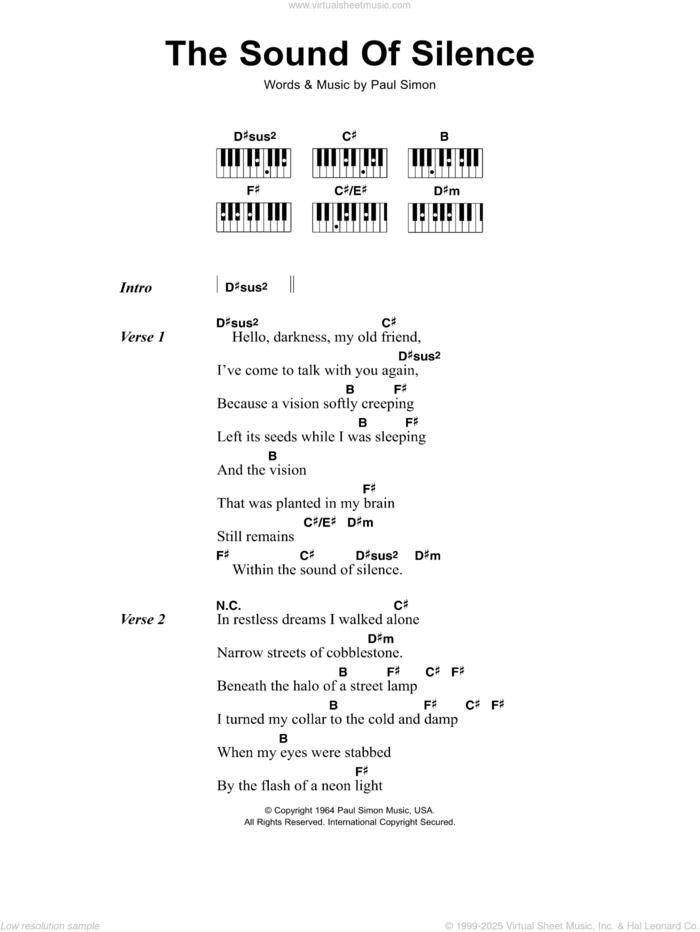 The Sound Of Silence, (intermediate) sheet music for piano solo (chords, lyrics, melody) by Simon & Garfunkel and Paul Simon, intermediate piano (chords, lyrics, melody)