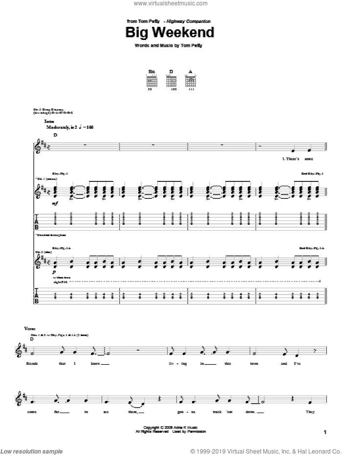 Big Weekend sheet music for guitar (tablature) by Tom Petty, intermediate skill level