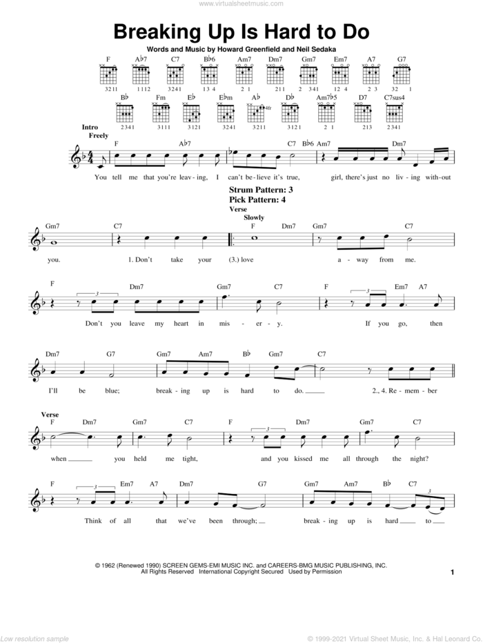 Breaking Up Is Hard To Do sheet music for guitar solo (chords) by Neil Sedaka, Partridge Family and Howard Greenfield, easy guitar (chords)