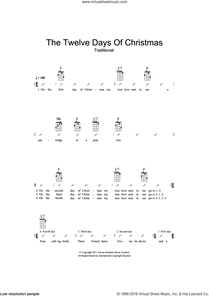 The Twelve Days Of Christmas sheet music for ukulele (chords), intermediate skill level