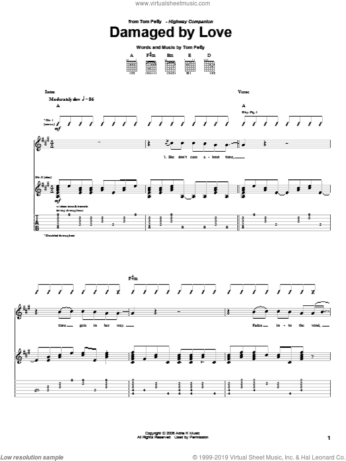 Damaged By Love sheet music for guitar (tablature) by Tom Petty, intermediate skill level