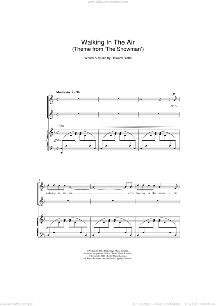 Walking In The Air (theme from The Snowman) sheet music for choir (SSA: soprano, alto) by Howard Blake and Aled Jones, intermediate skill level