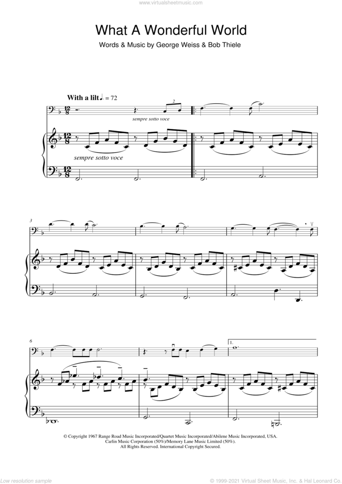 What A Wonderful World (abridged) sheet music for cello solo by Louis Armstrong, Bob Thiele and George David Weiss, intermediate skill level