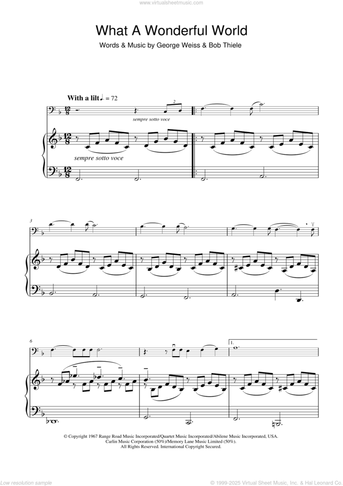 What A Wonderful World (abridged) sheet music for cello solo by Louis Armstrong, Bob Thiele and George David Weiss, intermediate skill level