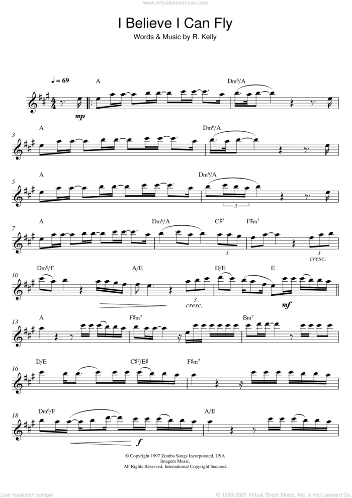 I Believe I Can Fly sheet music for alto saxophone solo by Robert Kelly, intermediate skill level