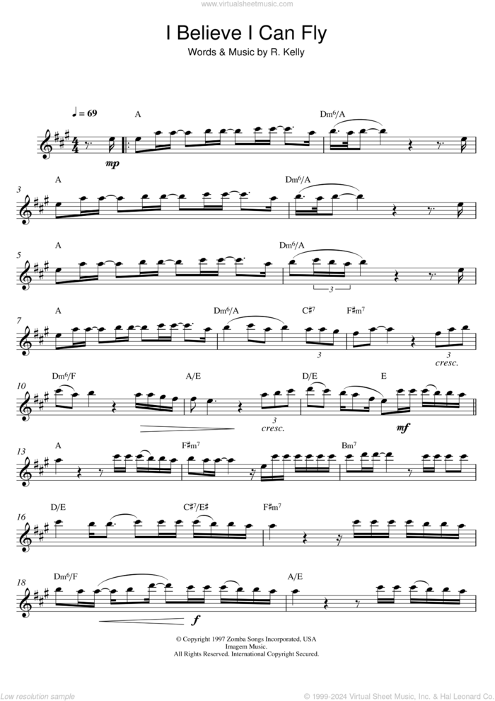 I Believe I Can Fly sheet music for alto saxophone solo by Robert Kelly, intermediate skill level