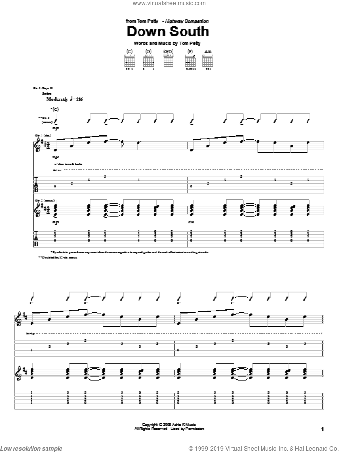 Down South sheet music for guitar (tablature) by Tom Petty, intermediate skill level