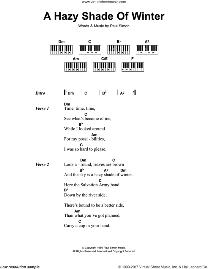 A Hazy Shade Of Winter sheet music for piano solo (chords, lyrics, melody) by Simon & Garfunkel and Paul Simon, intermediate piano (chords, lyrics, melody)