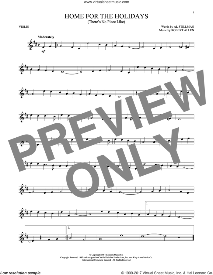 (There's No Place Like) Home For The Holidays sheet music for violin solo by Perry Como, Al Stillman and Robert Allen, intermediate skill level