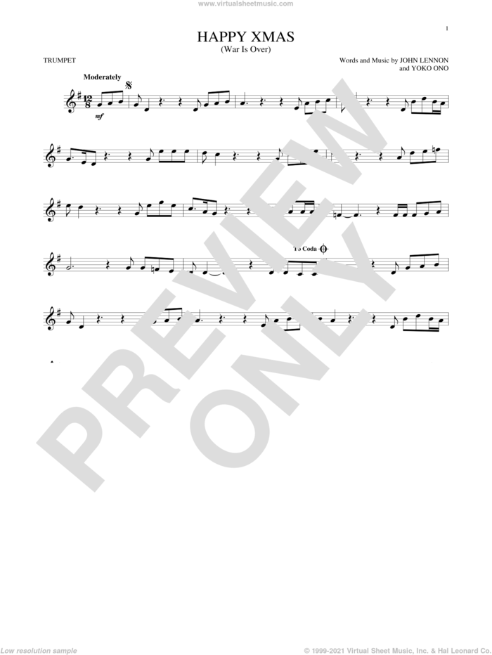 Happy Xmas (War Is Over) sheet music for trumpet solo by John Lennon, Sarah McLachlan and Yoko Ono, intermediate skill level