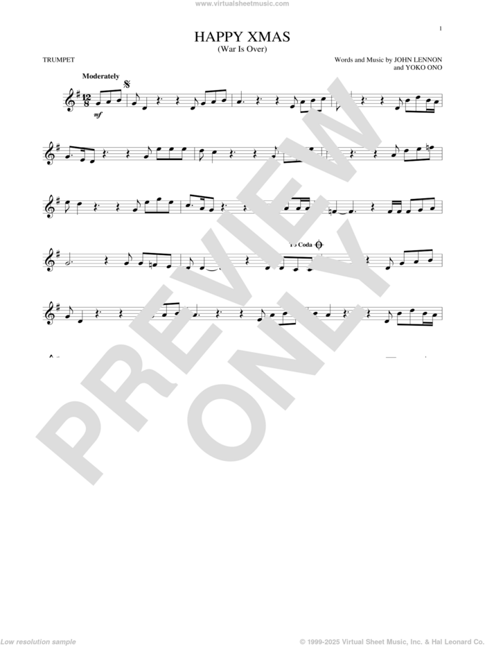 Happy Xmas (War Is Over) sheet music for trumpet solo by John Lennon, Sarah McLachlan and Yoko Ono, intermediate skill level