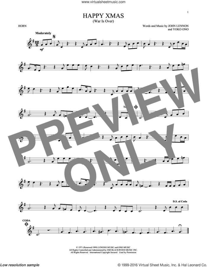 Happy Xmas (War Is Over) sheet music for horn solo by John Lennon and Yoko Ono, intermediate skill level