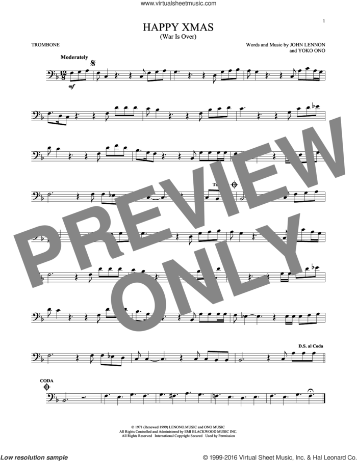 Happy Xmas (War Is Over) sheet music for trombone solo by John Lennon and Yoko Ono, intermediate skill level