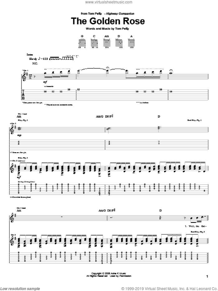 The Golden Rose sheet music for guitar (tablature) by Tom Petty, intermediate skill level