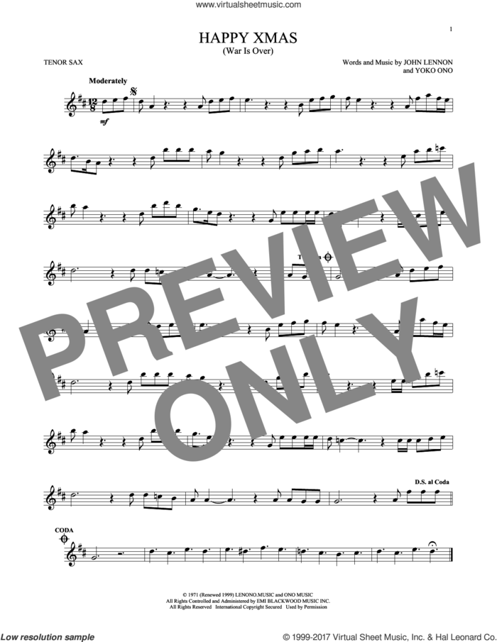 Happy Xmas (War Is Over) sheet music for tenor saxophone solo by John Lennon and Yoko Ono, intermediate skill level