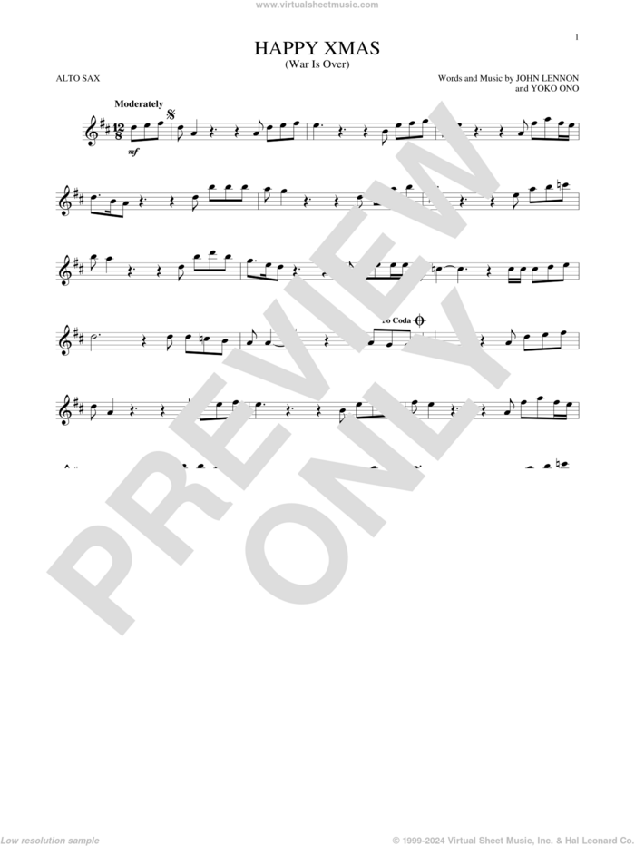 Happy Xmas (War Is Over) sheet music for alto saxophone solo by John Lennon and Yoko Ono, intermediate skill level