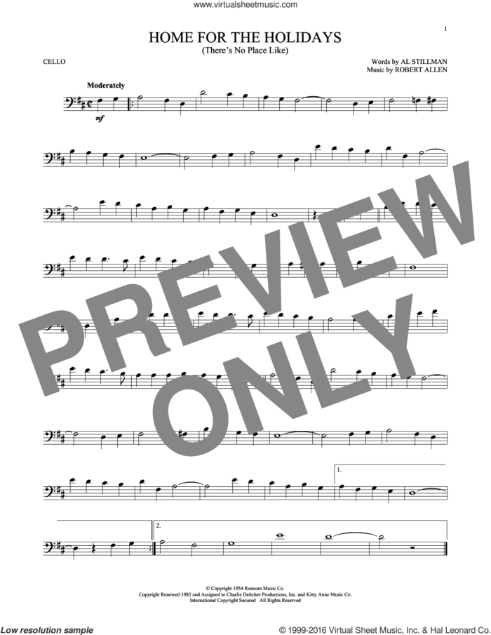 (There's No Place Like) Home For The Holidays sheet music for cello solo by Perry Como, Al Stillman and Robert Allen, intermediate skill level