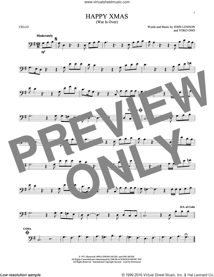 Happy Xmas (War Is Over) sheet music for cello solo by John Lennon and Yoko Ono, intermediate skill level