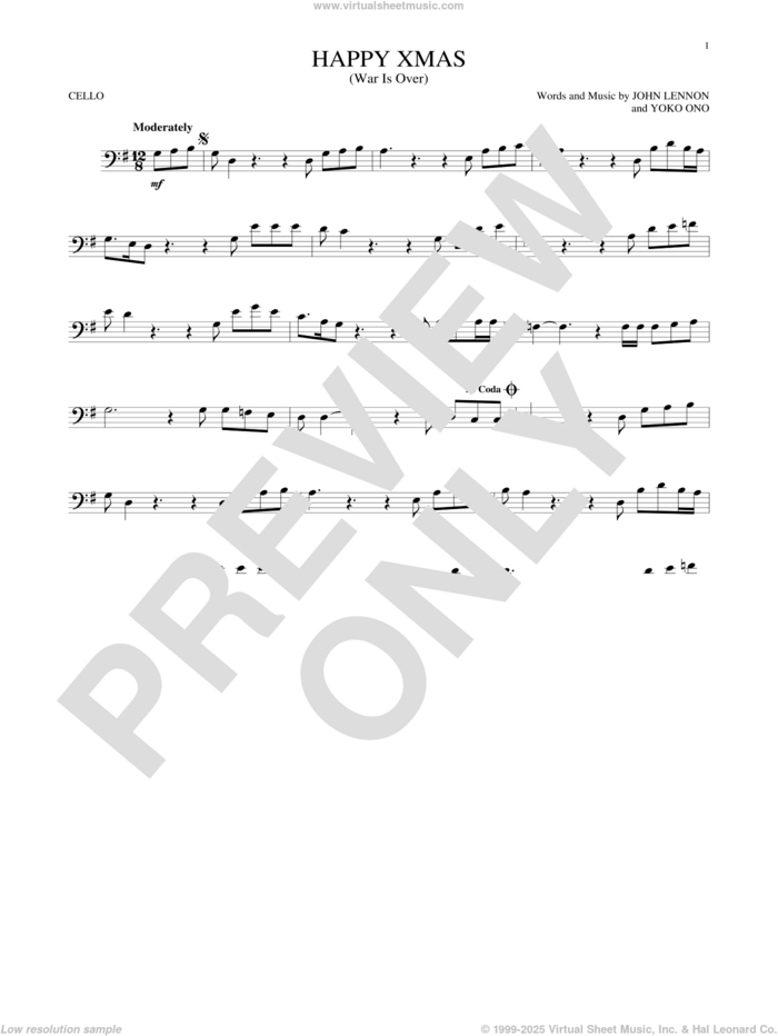 Happy Xmas (War Is Over) sheet music for cello solo by John Lennon and Yoko Ono, intermediate skill level