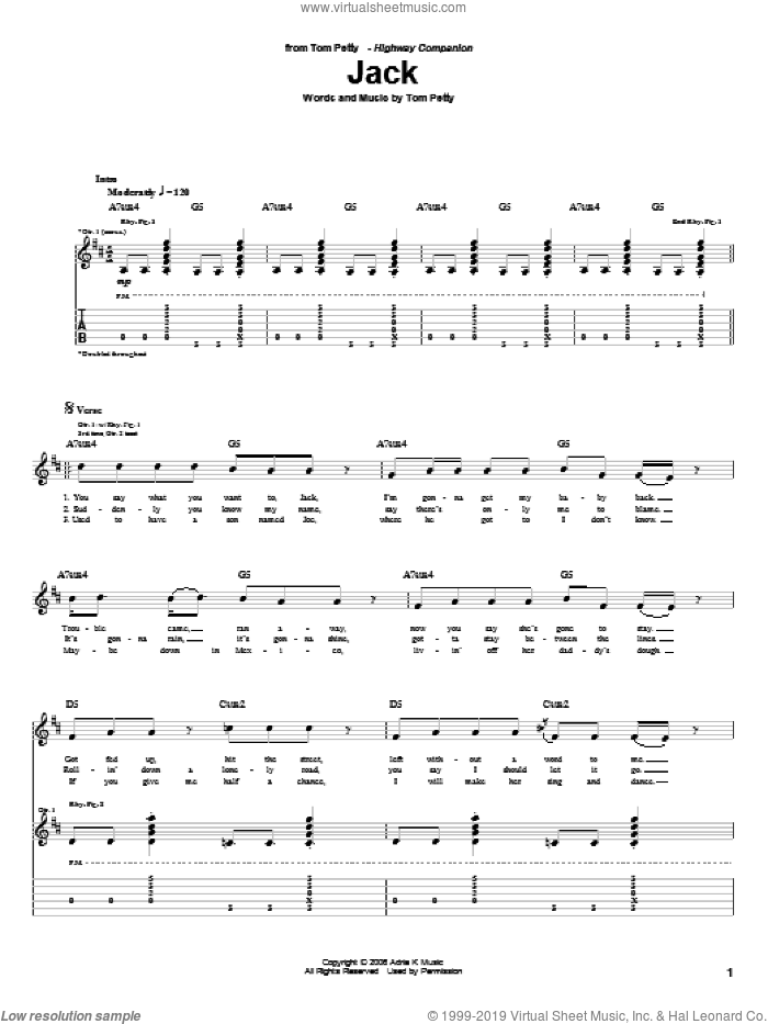 Jack sheet music for guitar (tablature) by Tom Petty, intermediate skill level
