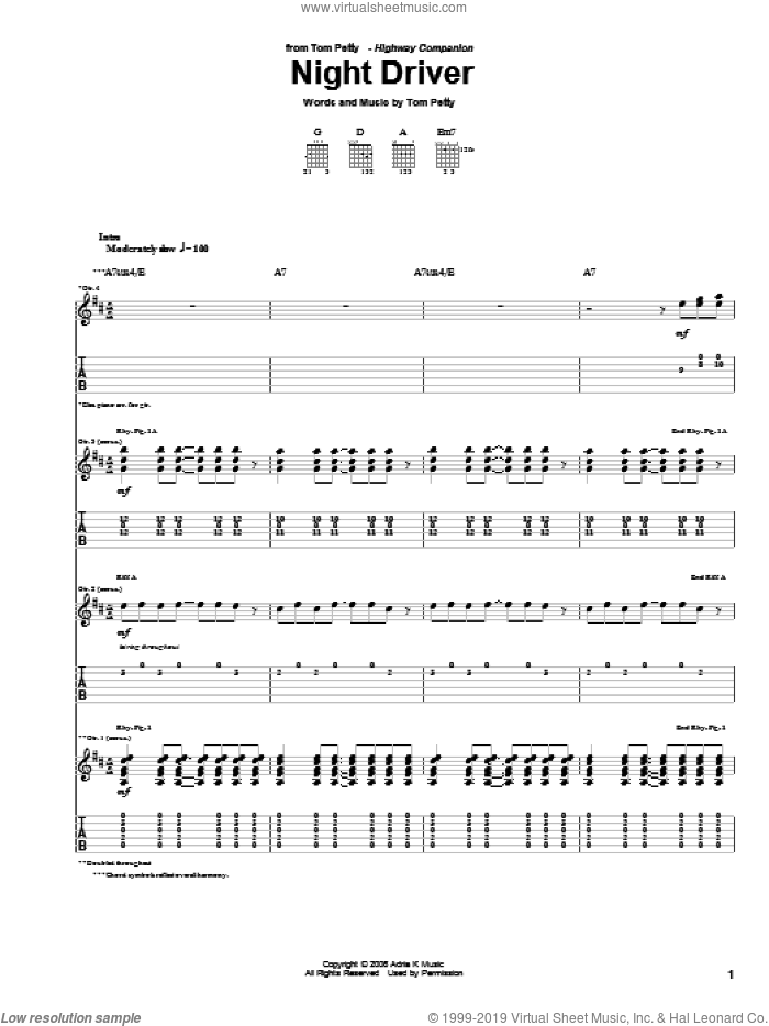 Night Driver sheet music for guitar (tablature) by Tom Petty, intermediate skill level