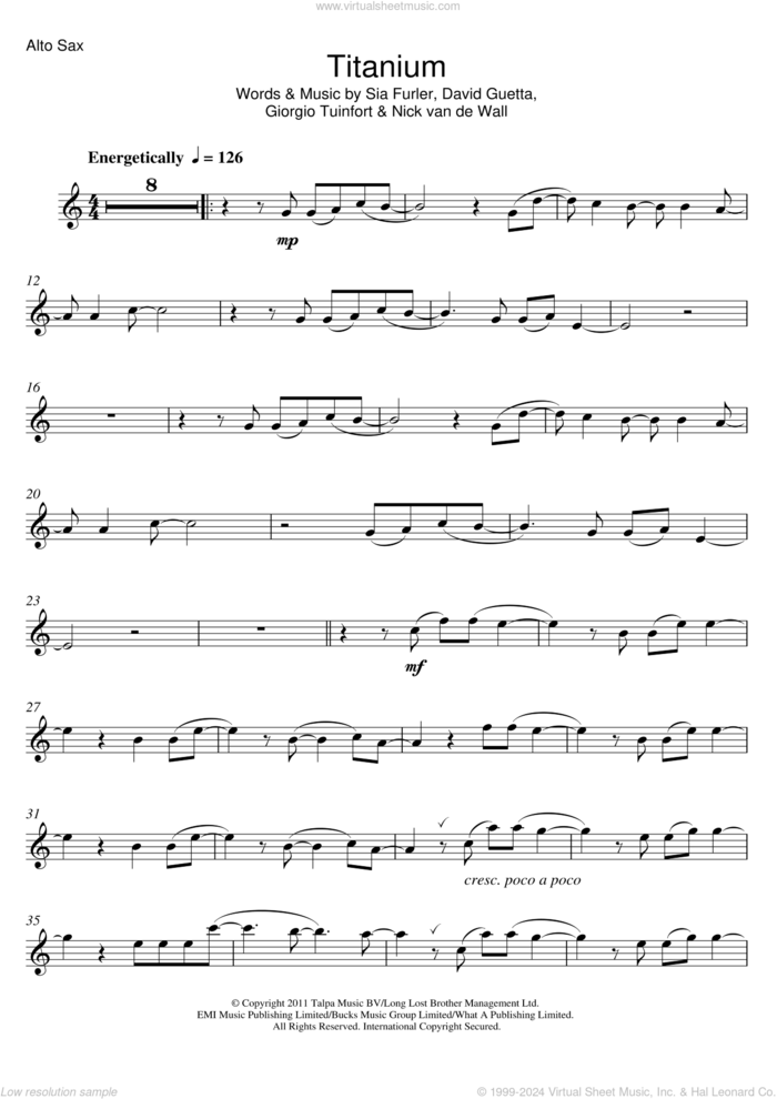 Titanium (feat. Sia) sheet music for alto saxophone solo by David Guetta, Sia, Giorgio Tuinfort, Nick van de Wall and Sia Furler, intermediate skill level