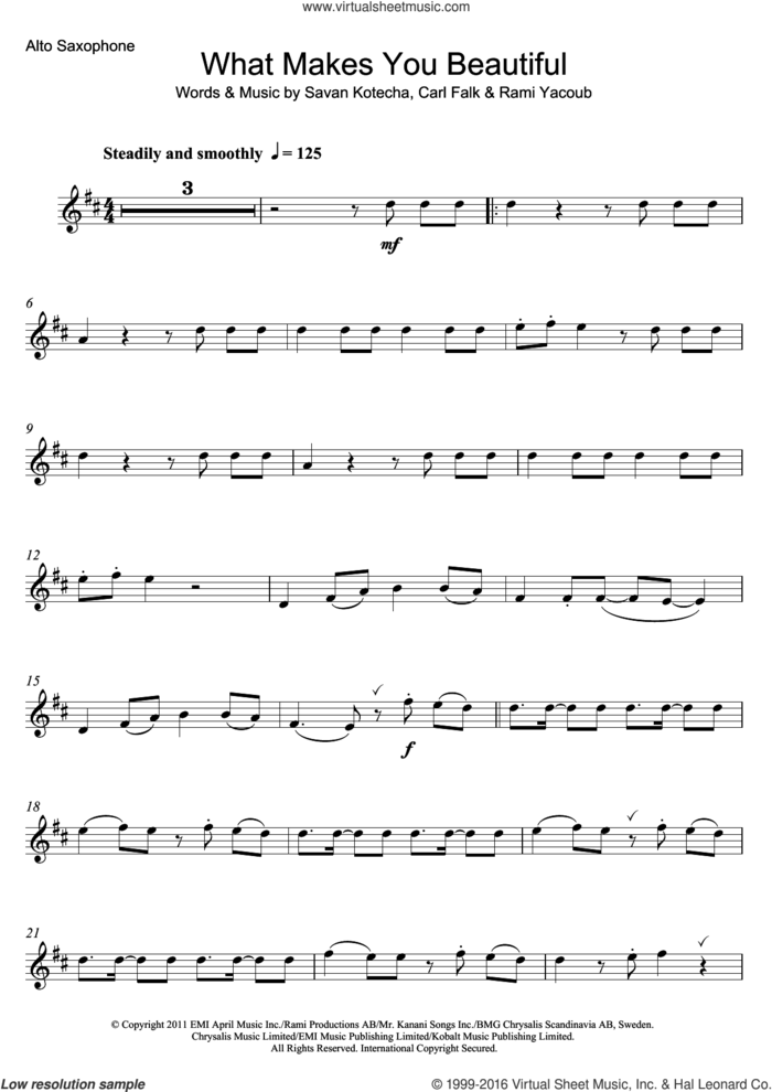 What Makes You Beautiful sheet music for alto saxophone solo by One Direction, Carl Falk, Rami and Savan Kotecha, intermediate skill level