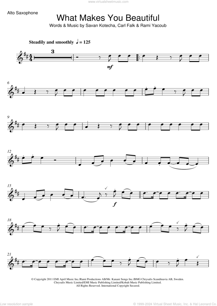 What Makes You Beautiful sheet music for alto saxophone solo by One Direction, Carl Falk, Rami and Savan Kotecha, intermediate skill level