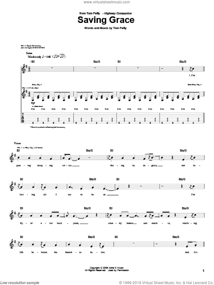 Saving Grace sheet music for guitar (tablature) by Tom Petty, intermediate skill level