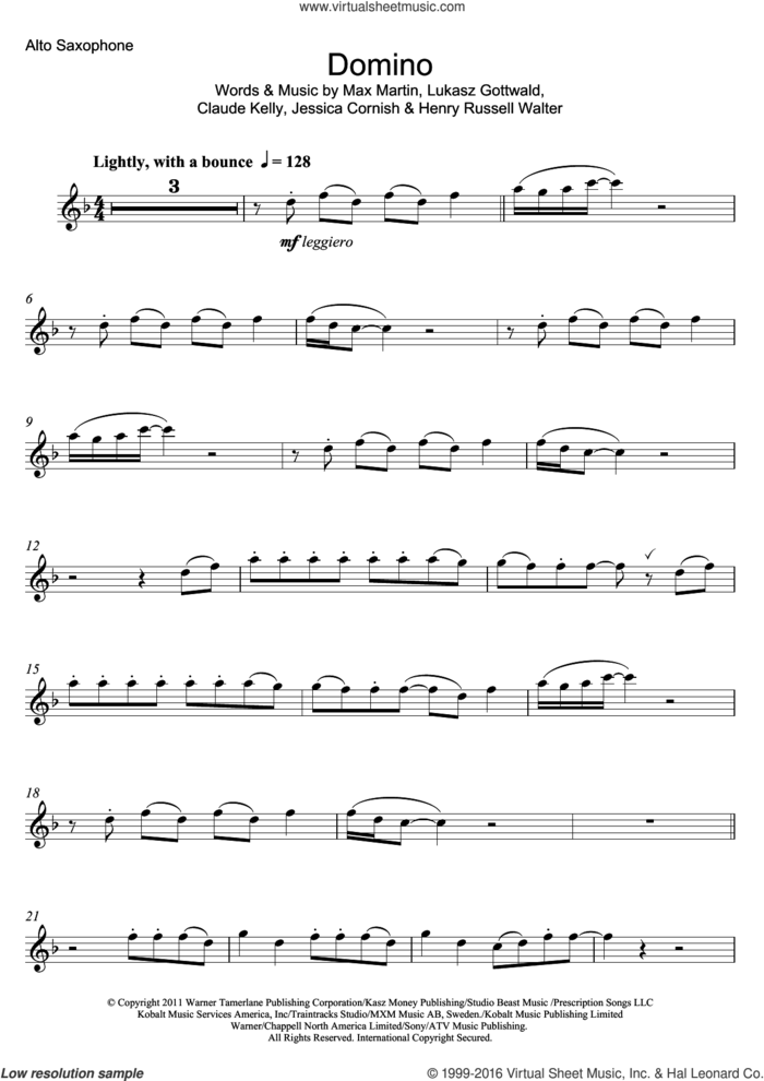 Domino sheet music for alto saxophone solo by Jessie J, Claude Kelly, Henry Russell Walter, Jessica Cornish, Lukasz Gottwald and Max Martin, intermediate skill level
