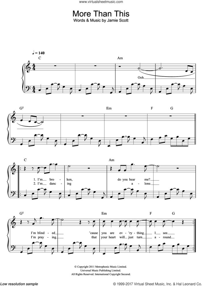 More Than This sheet music for piano solo by One Direction and Jamie Scott, easy skill level