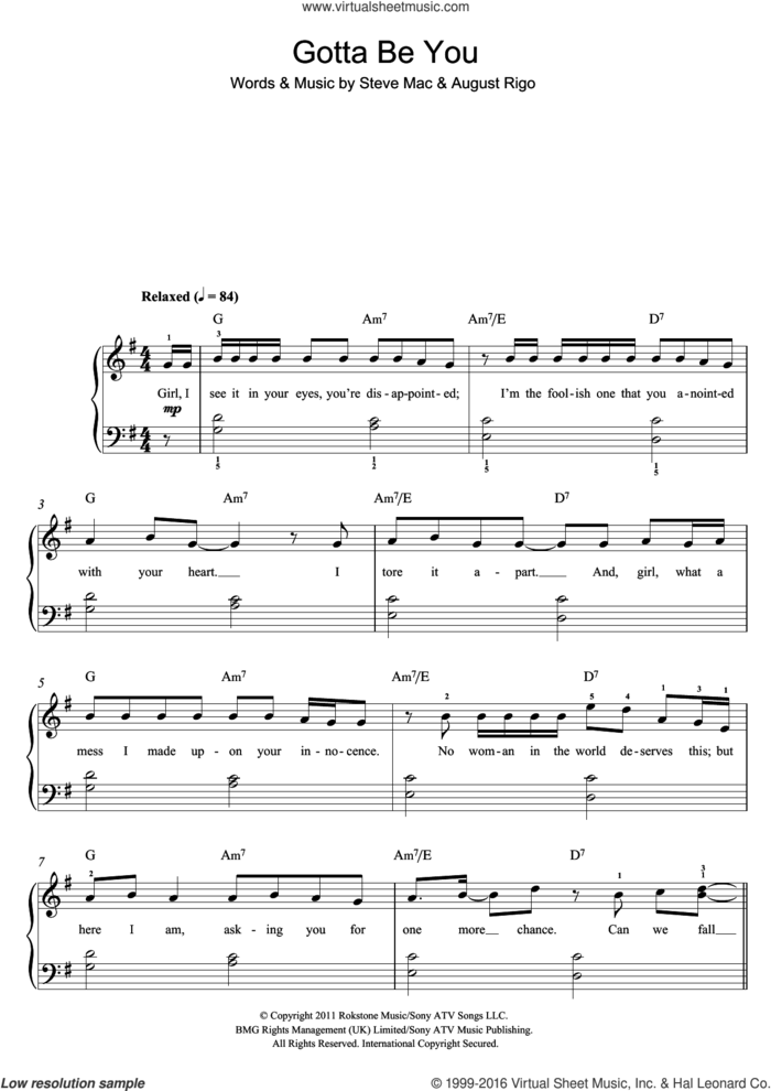 Gotta Be You sheet music for piano solo (beginners) by One Direction, August Rigo and Steve Mac, beginner piano (beginners)