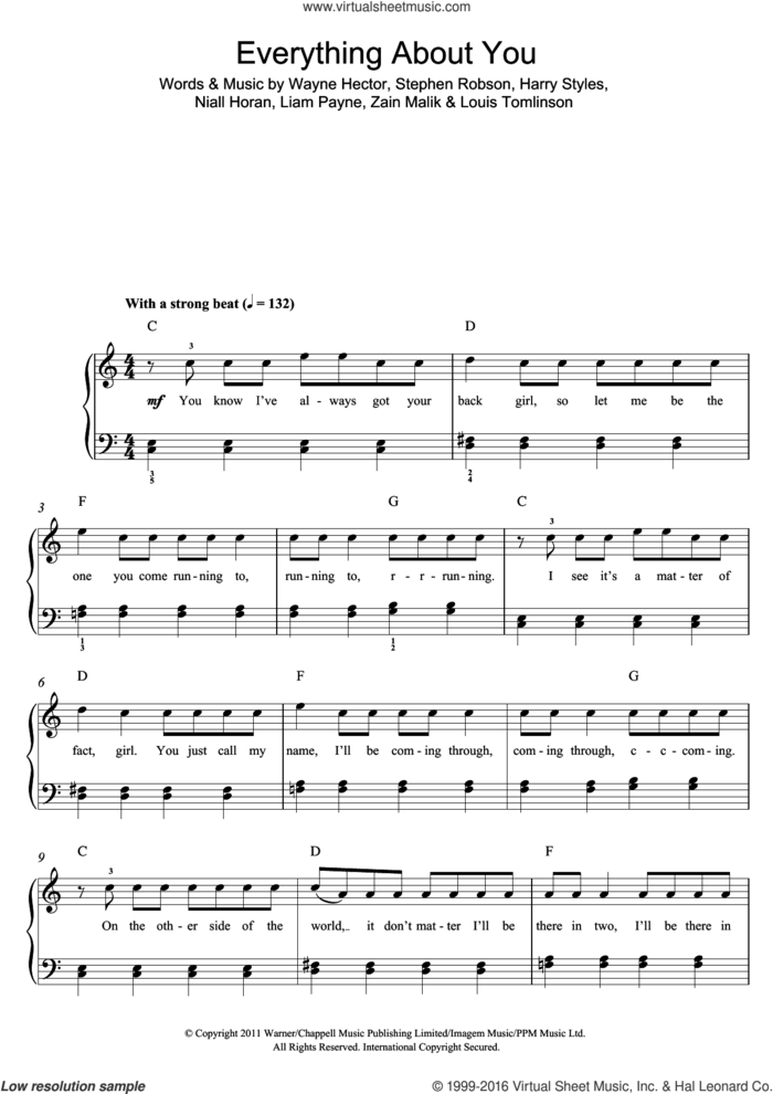 Everything About You sheet music for piano solo (beginners) by One Direction, Harry Styles, Liam Payne, Louis Tomlinson, Niall Horan, Steve Robson, Wayne Hector and Zain Malik, beginner piano (beginners)