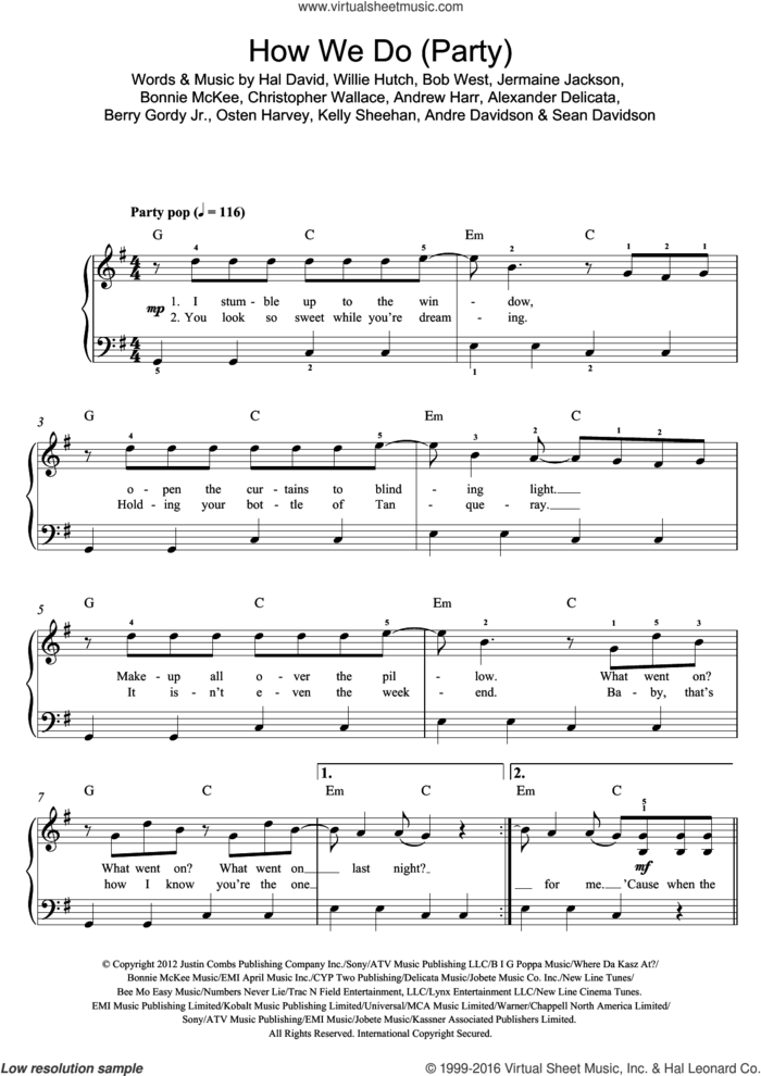 How We Do (Party) sheet music for piano solo (beginners) by Rita Ora, Alexander Delicata, Andre Davidson, Andrew Harr, Berry Gordy Jr., Bob West, Bonnie McKee, Christopher Wallace, Hal David, Jermaine Jackson, Kelly Sheehan, Osten Harvey, Sean Davidson and Willie Hutch, beginner piano (beginners)