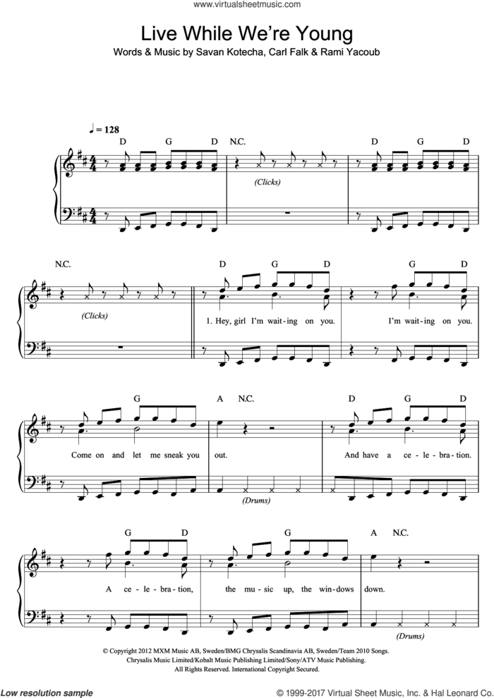 Live While We're Young sheet music for piano solo by One Direction, Carl Falk, Rami and Savan Kotecha, easy skill level