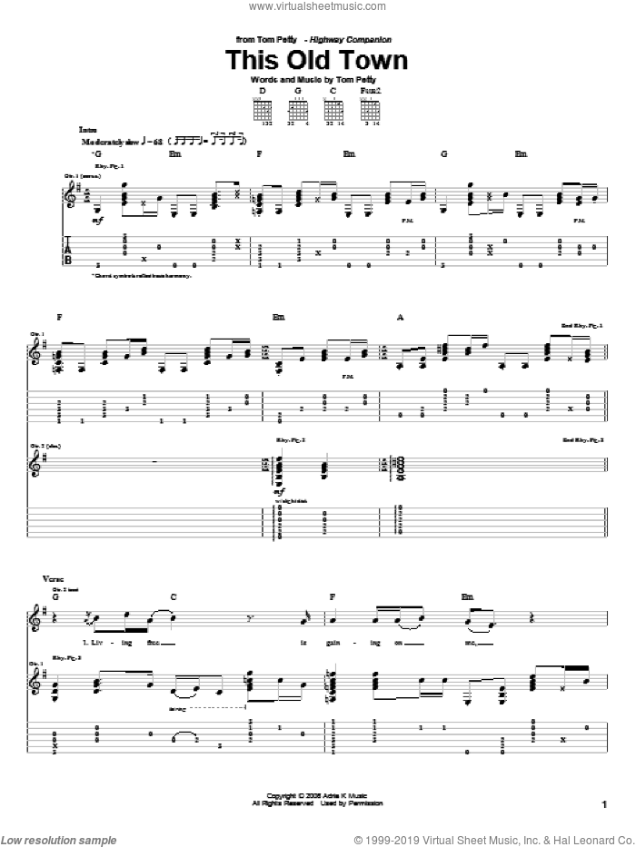 This Old Town sheet music for guitar (tablature) by Tom Petty, intermediate skill level